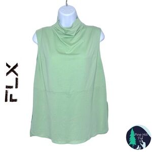 FLX Mockneck Tank Top Womens Medium Sage Green Stretch Split Hem High Low EUC